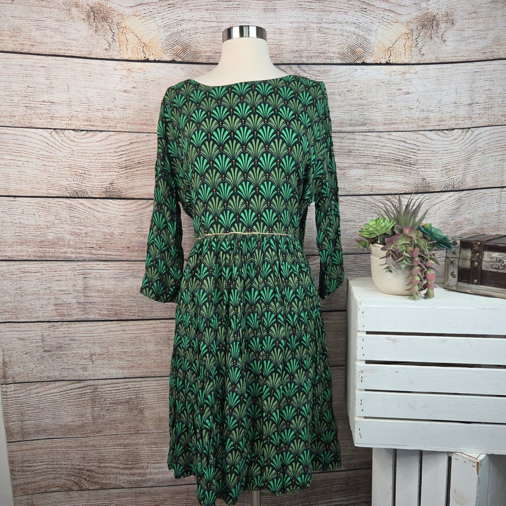 Maeve by Anthropologie Green Art Deco Fan Print Dress Large 3/4 Sleeve Viscose